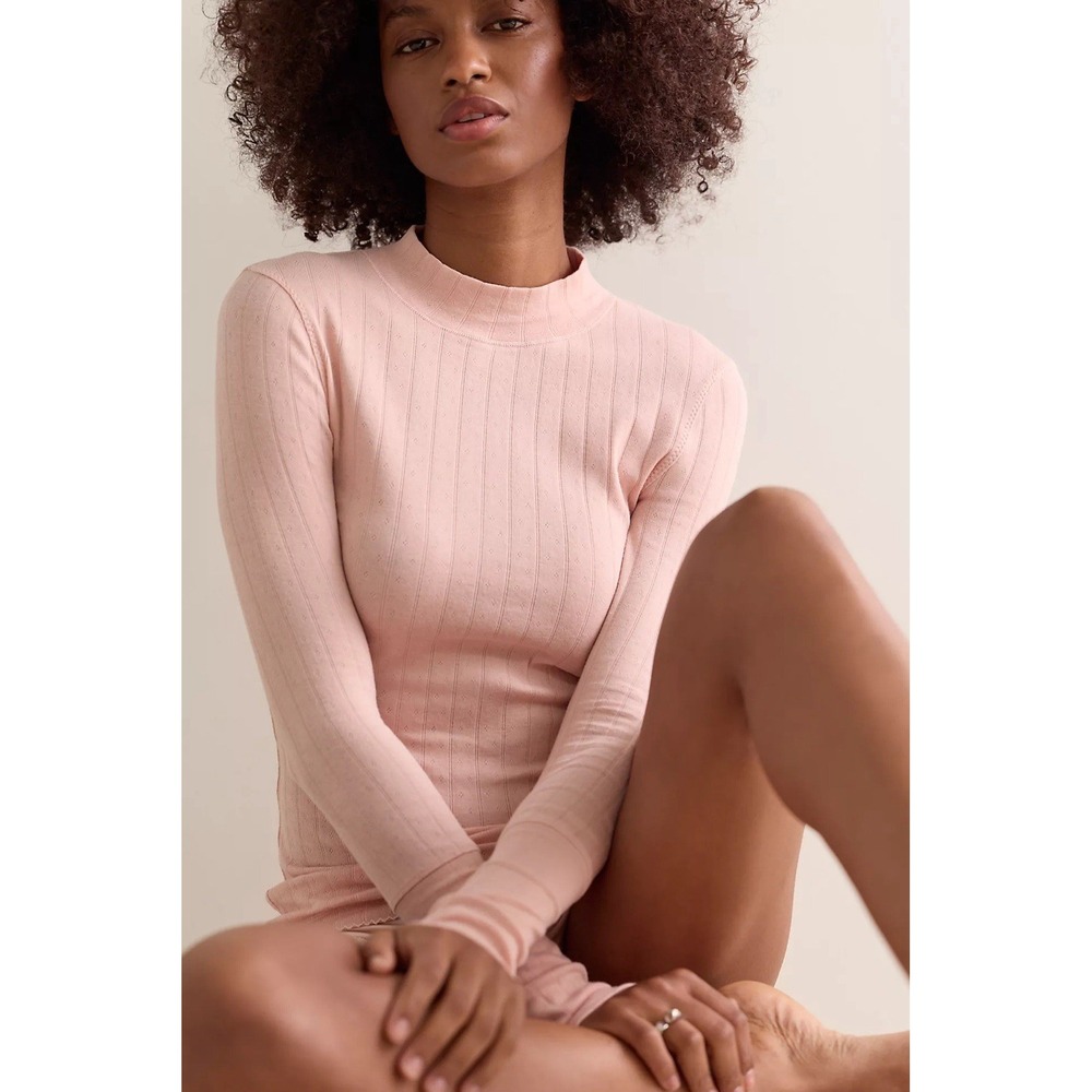 Intimately Free People End Game Pointelle Mock Neck Pink Long Sleeve